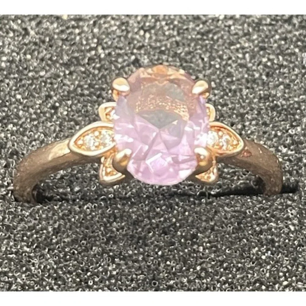Bomb Party Sz 9 Rose Gold Lavender Oval Ring CZ Accent Solitaire Floral